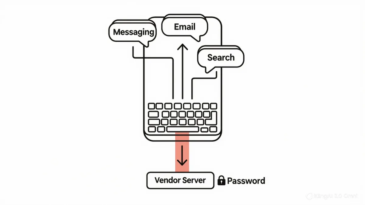 Infographic of text flowing through a keyboard layer to apps and vendor servers