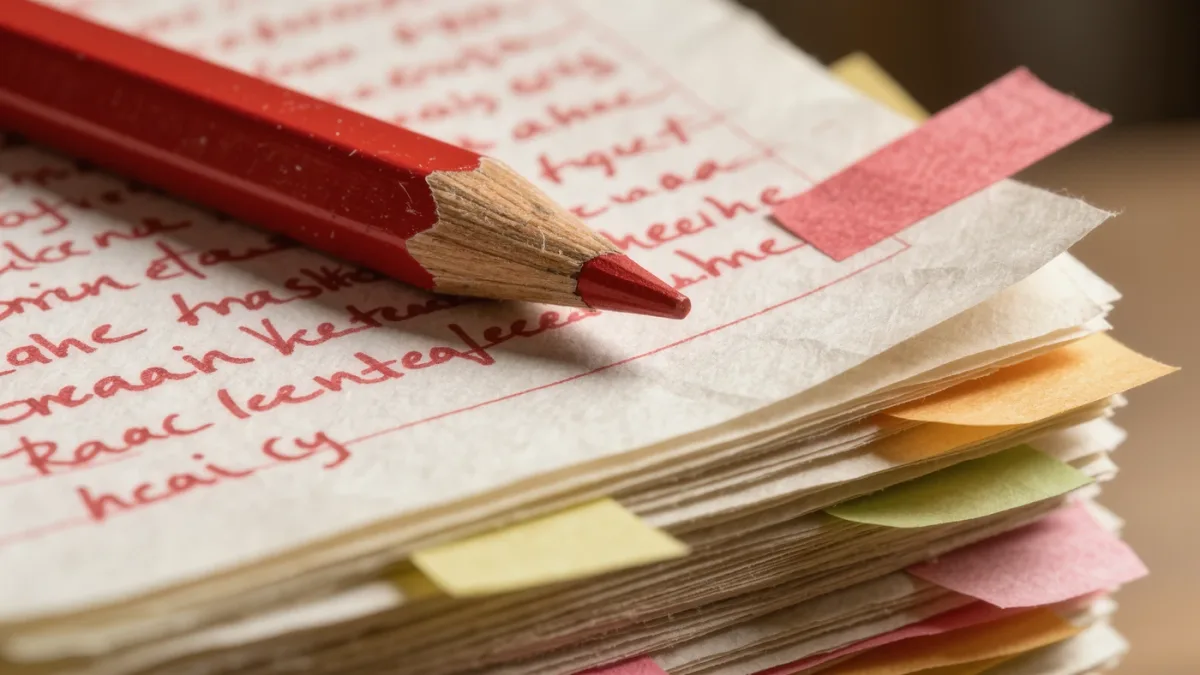 Marked-up manuscript pages with red editing pencil nearby