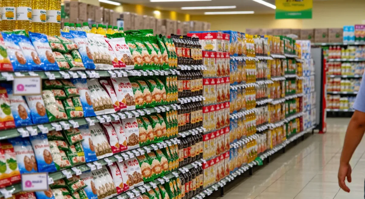 Supermarket shelf with packaged staples