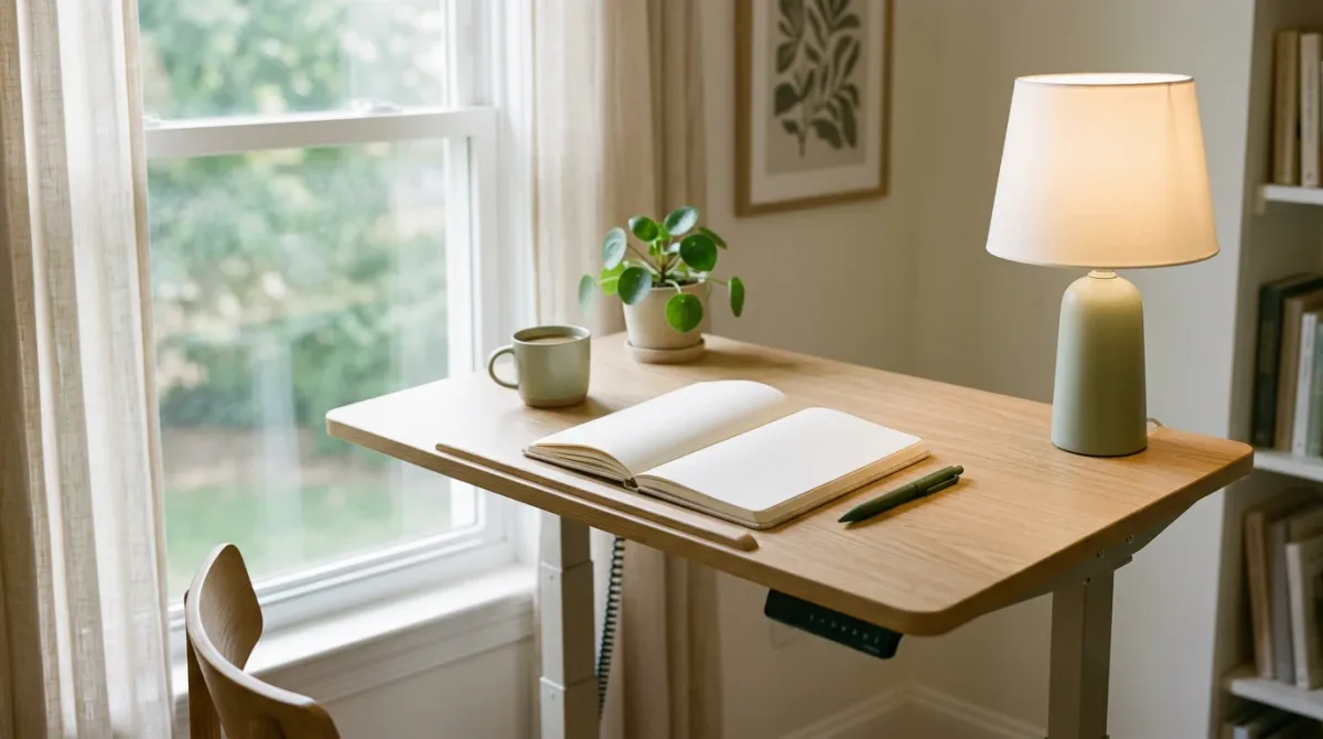 Adaptive desk setup and open notebook in a quiet home workspace