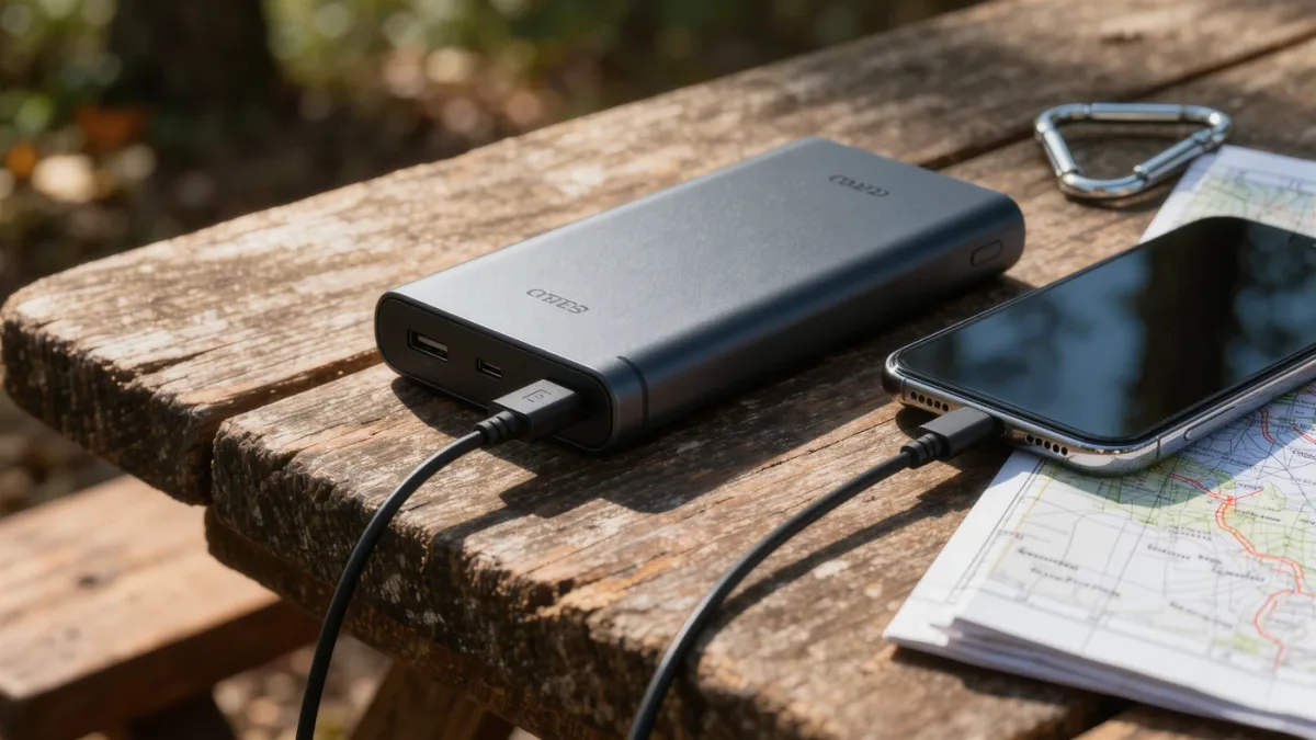 Power bank charging phone on camp table