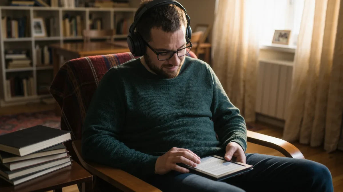 Blind man in headphones listening to an e-reader