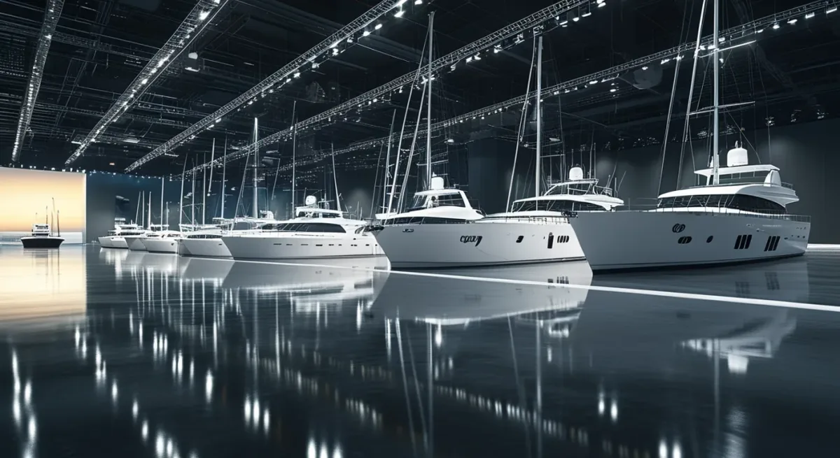 Empty exhibition hall aisle between indoor boat displays, morning
