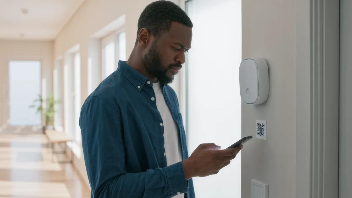 Person scanning Matter QR code with phone during setup