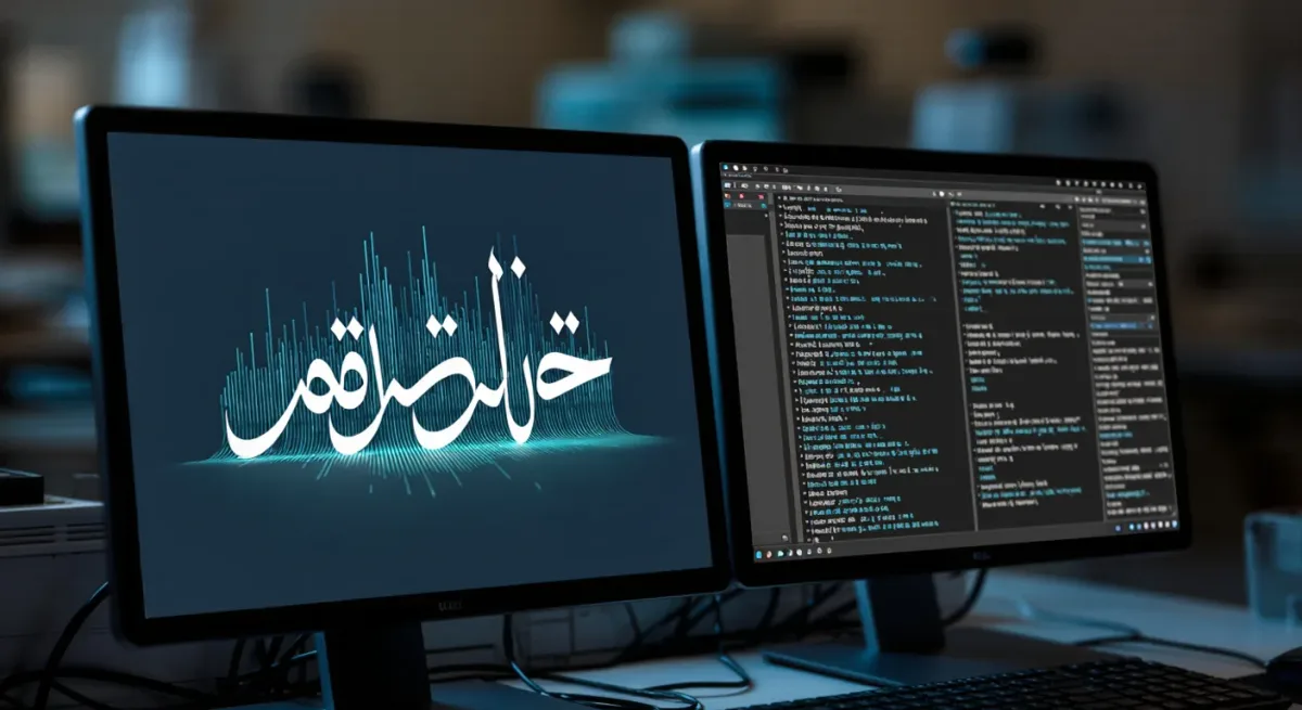 Arabic and English text on screens in an AI research lab