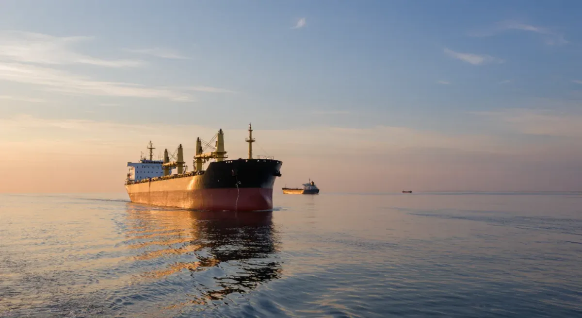 Tanker at anchor outside a strait at dawn