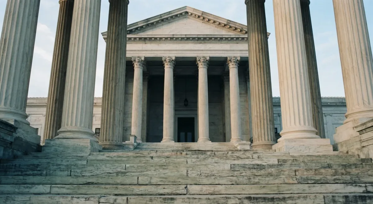 Neoclassical courthouse columns in cold morning light