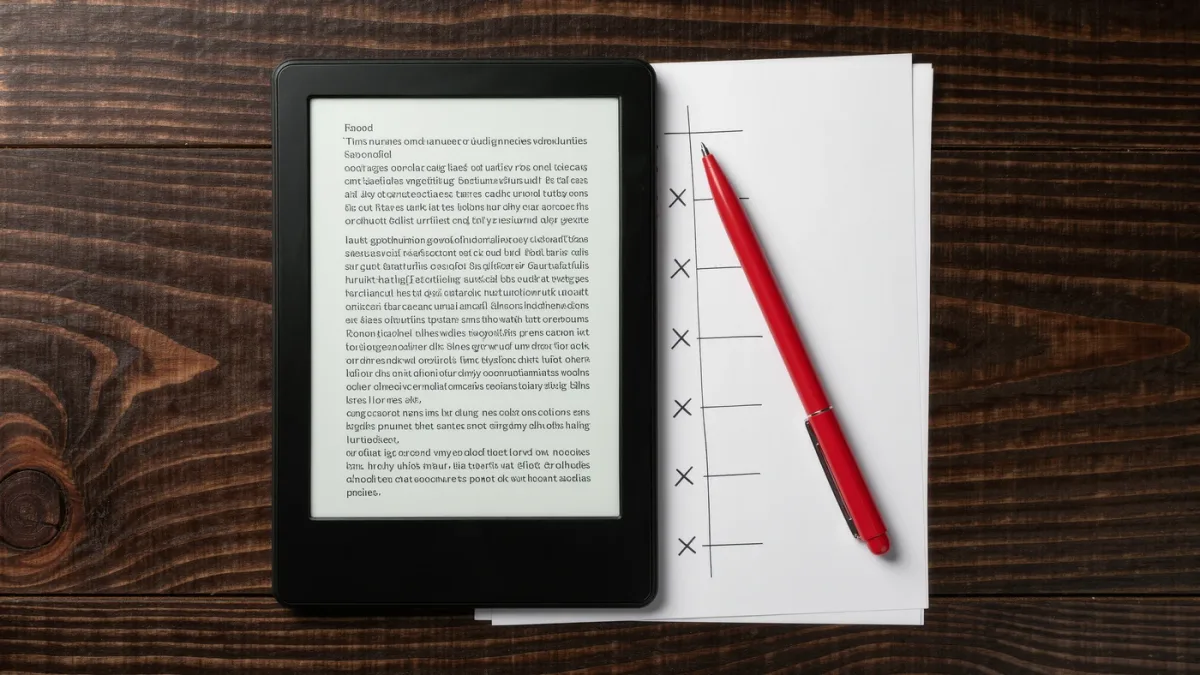 E-reader displaying a chapter with visible markup corrections on desk beside notebook