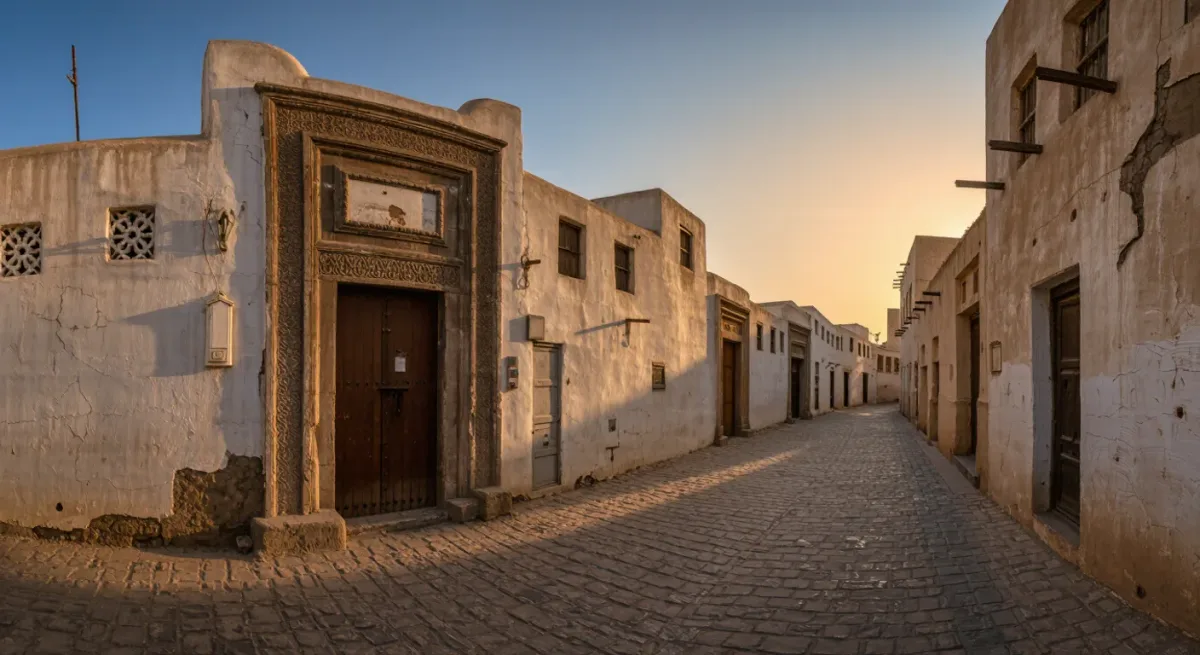 Wide view of a historic stone doorway with carved name plaque in an old city street
