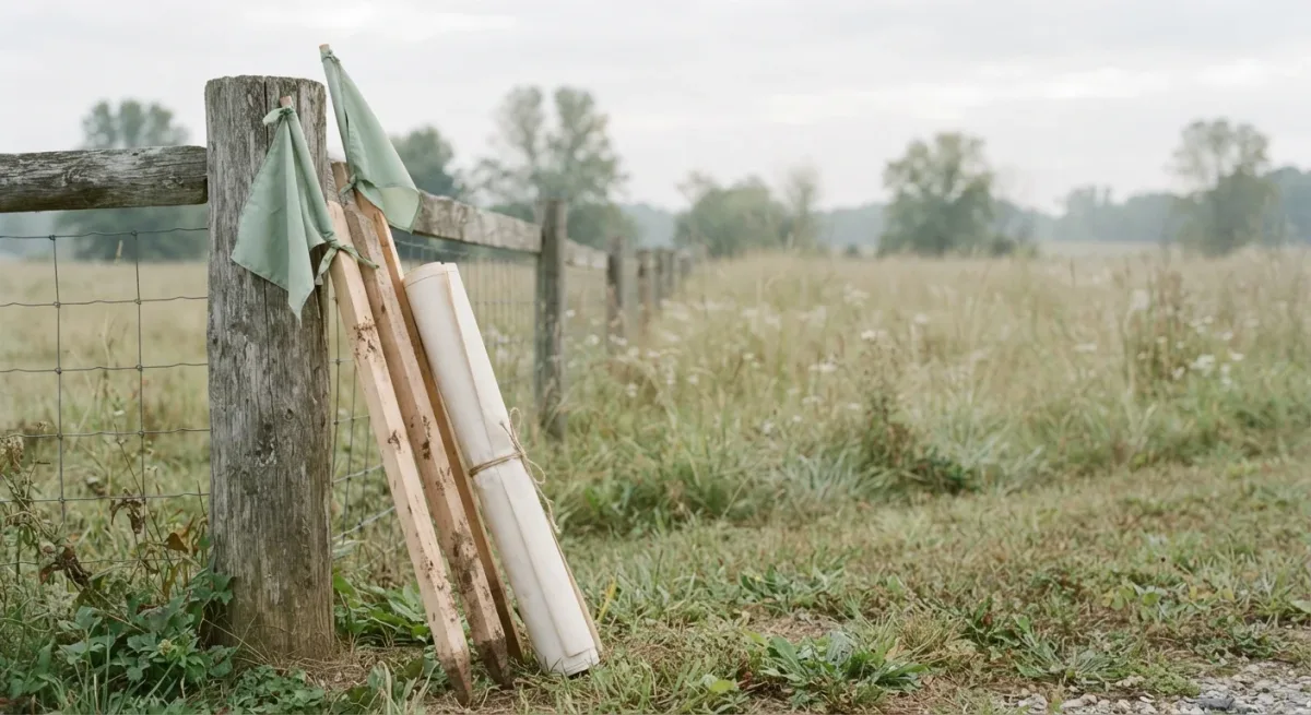 Survey stakes and rolled site plans at a field edge