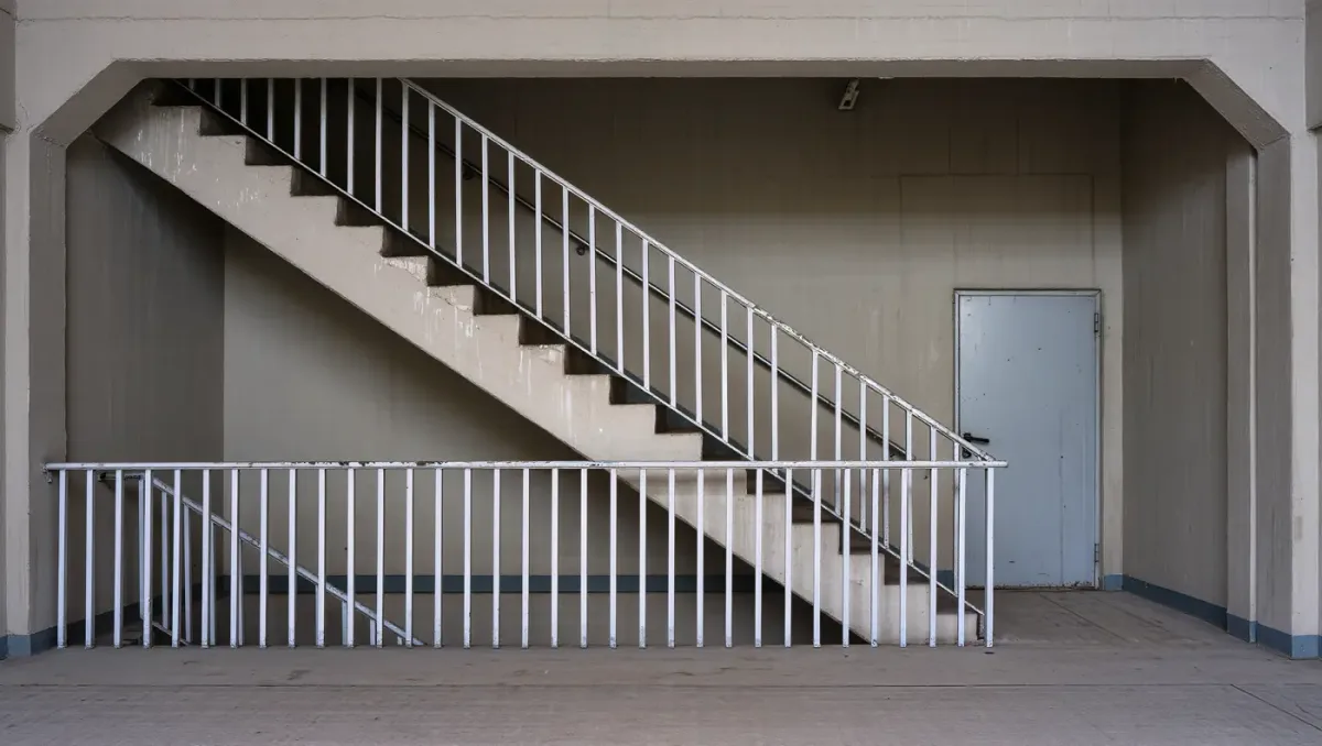 Industrial stairwell landing with painted railings
