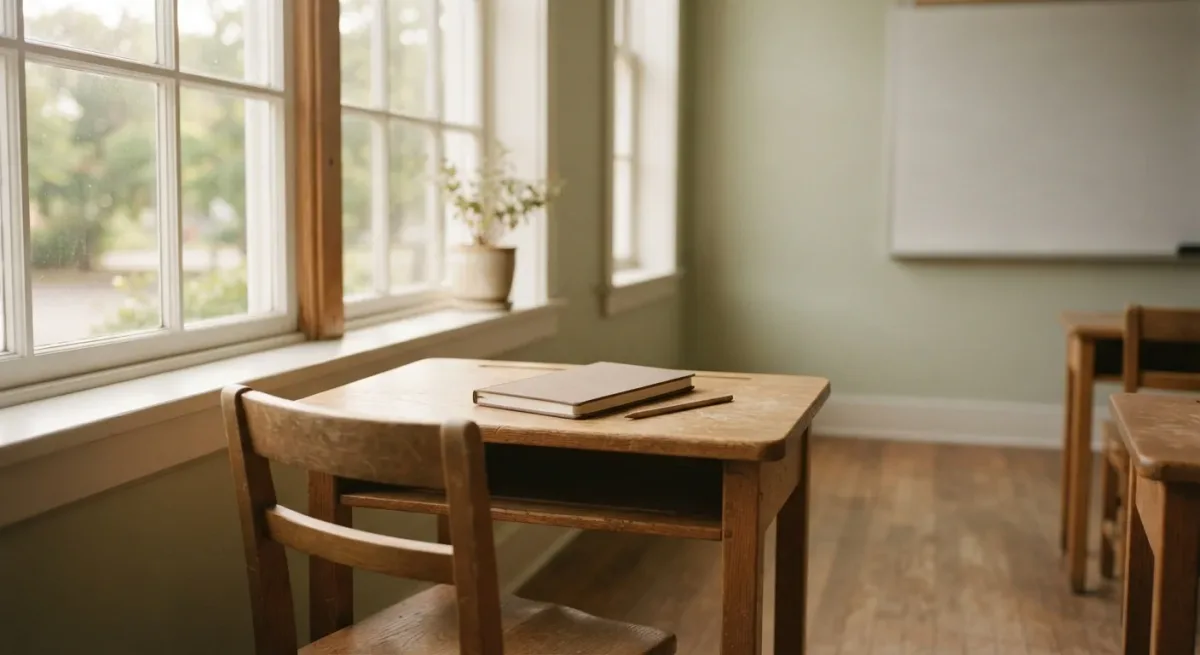 Empty classroom desk and chair beside window in soft light