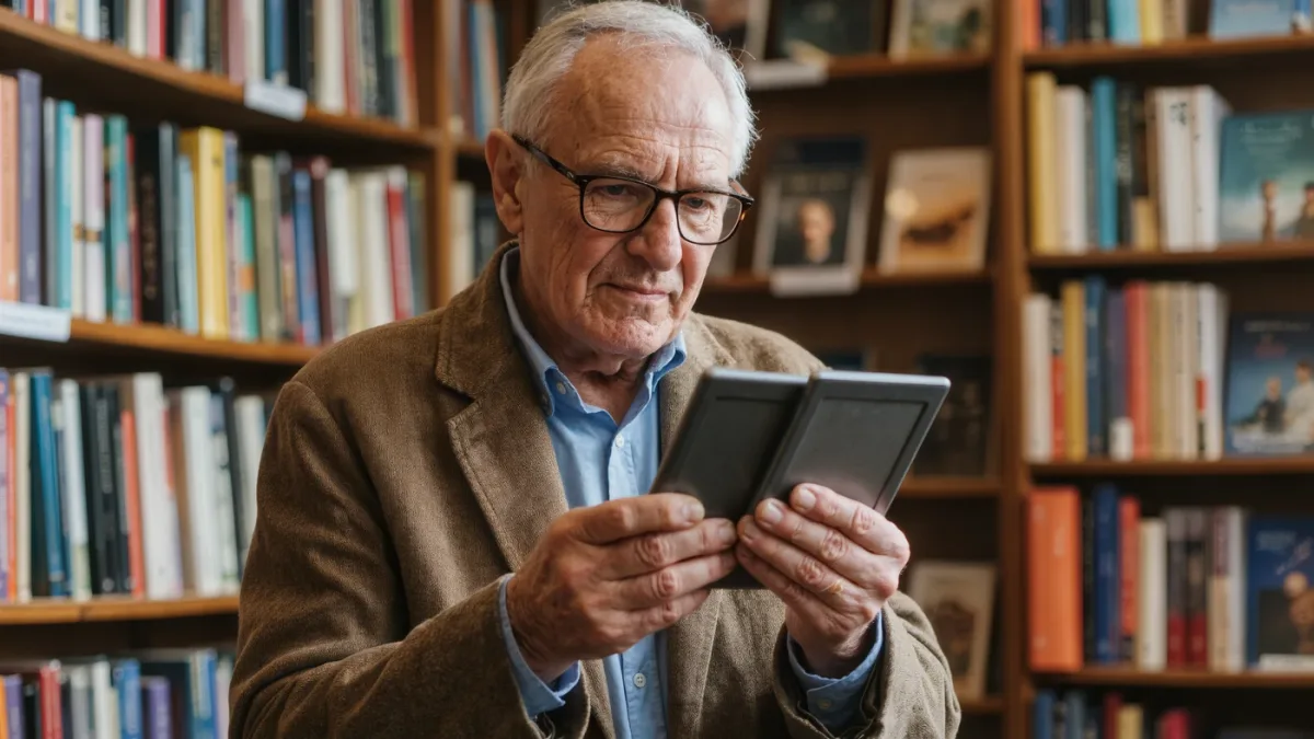 Older man comparing two unbranded e-readers in a bookshop aisle