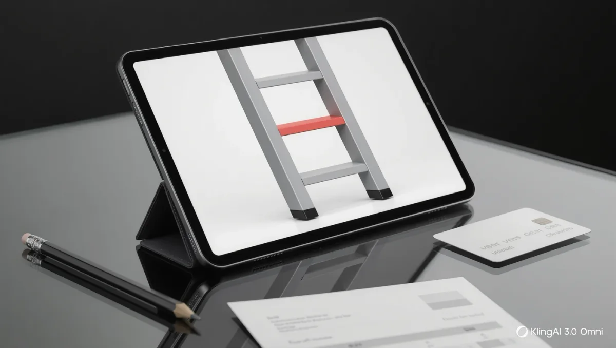 Close-up of a tablet showing an abstract three-step subscription ladder graphic