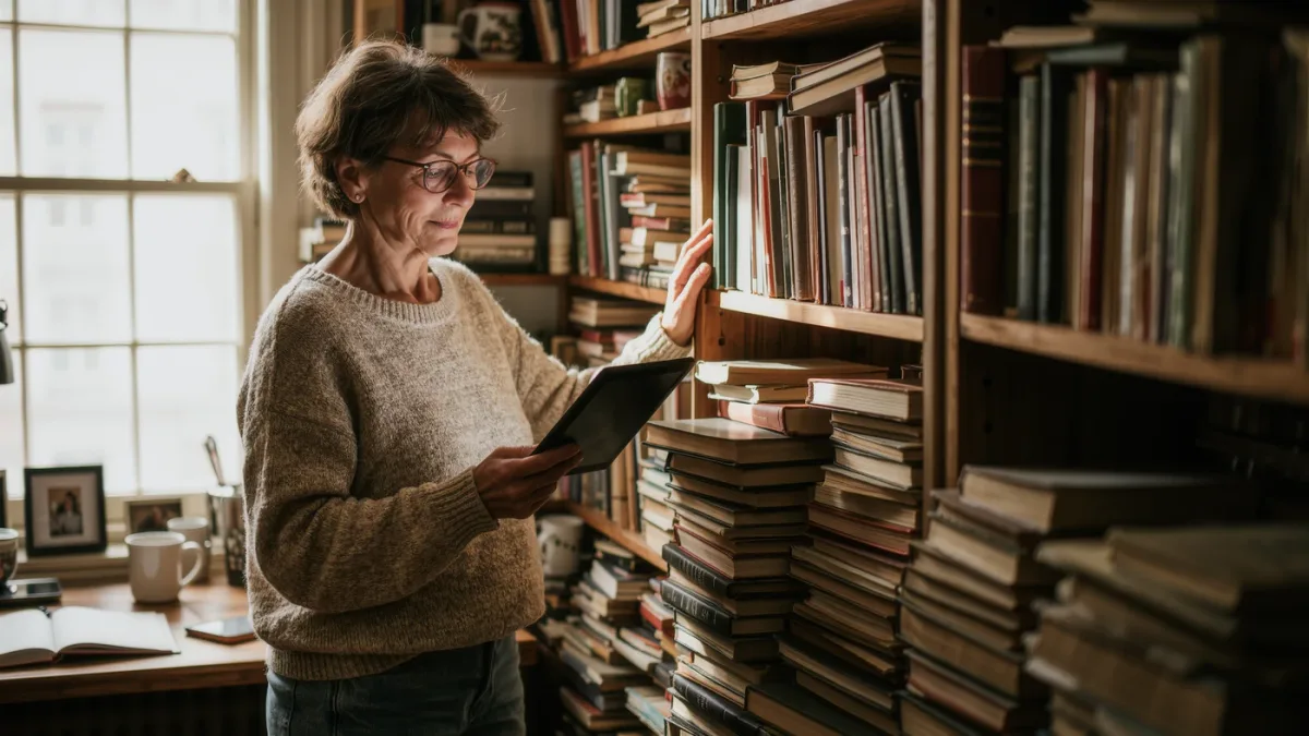 Reader browsing an overflowing home bookshelf with an e-reader in hand