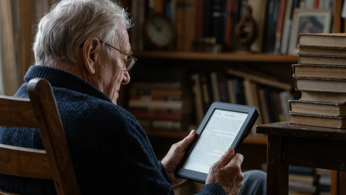 Reader choosing a classic novel on an e-reader beside stacked public-domain books