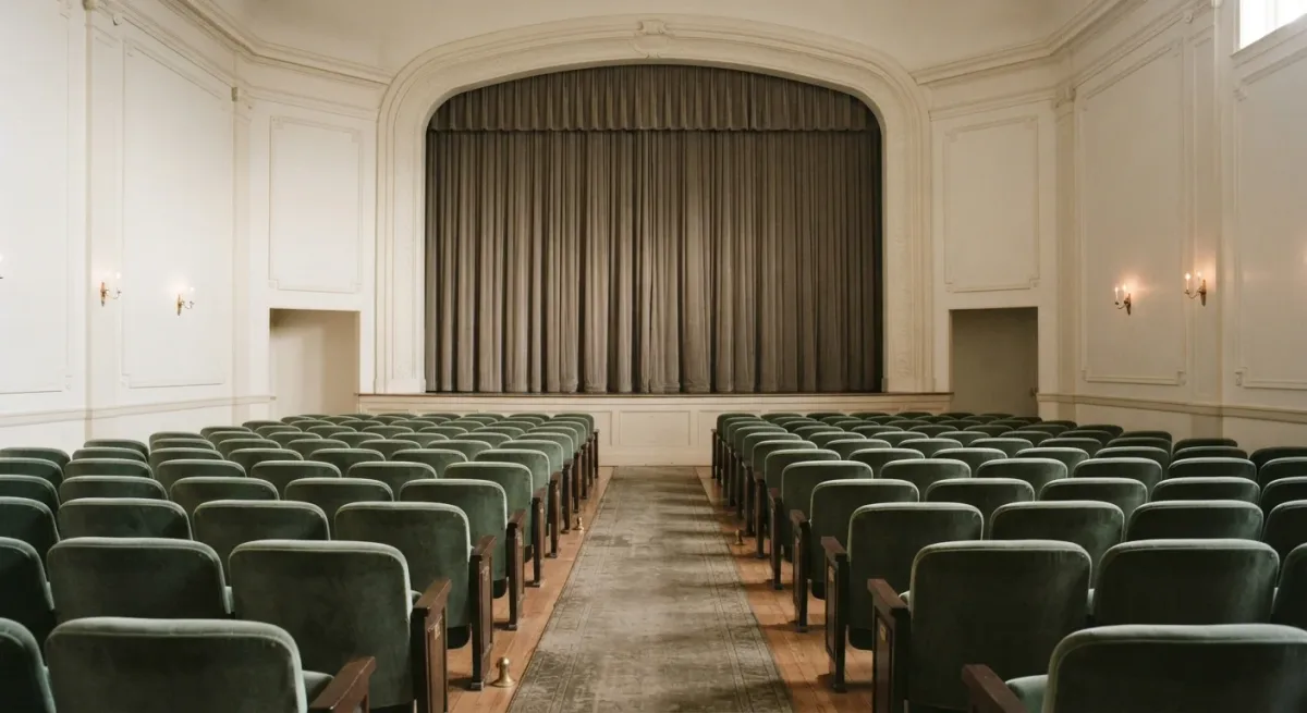 Empty theater auditorium with velvet seats in low light
