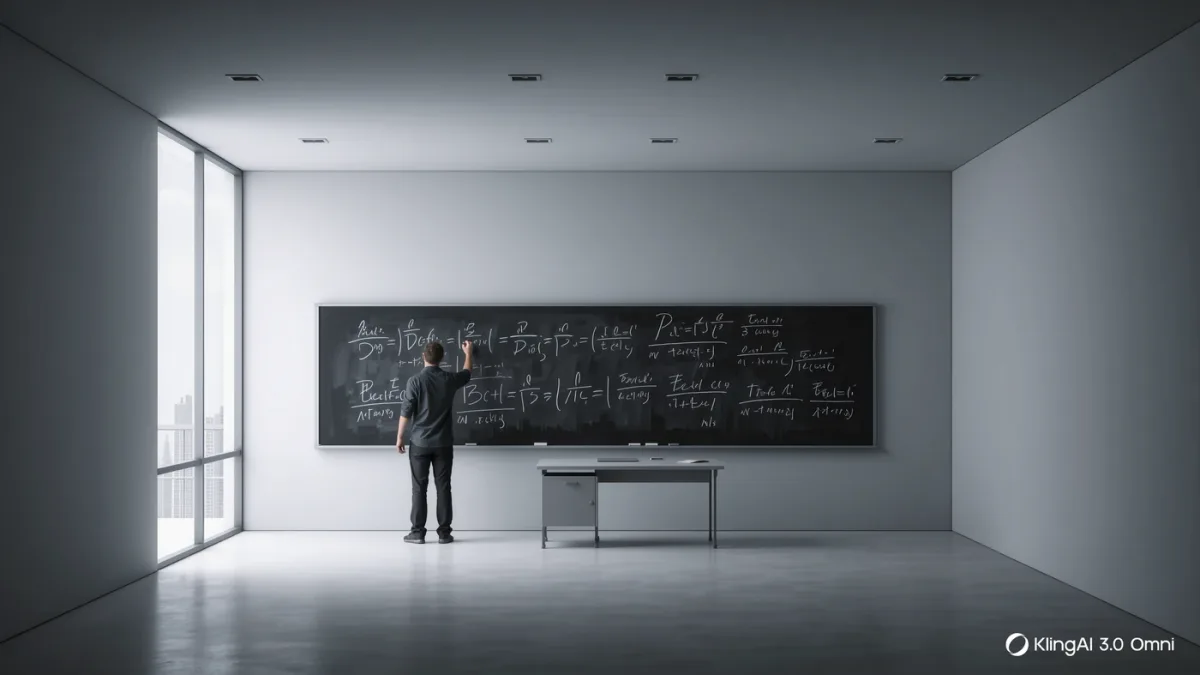 Solitary researcher writing equations on a floor-to-ceiling chalkboard