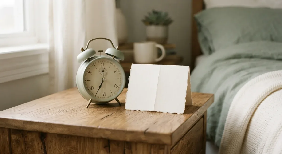 Alarm clock and folded work schedule on a nightstand in dim light