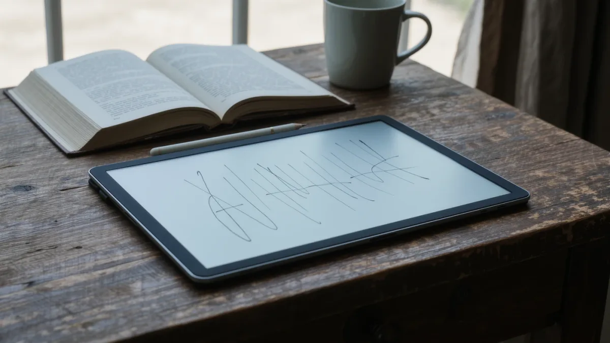 Unattended desk with an unbranded e-ink tablet showing handwritten notes