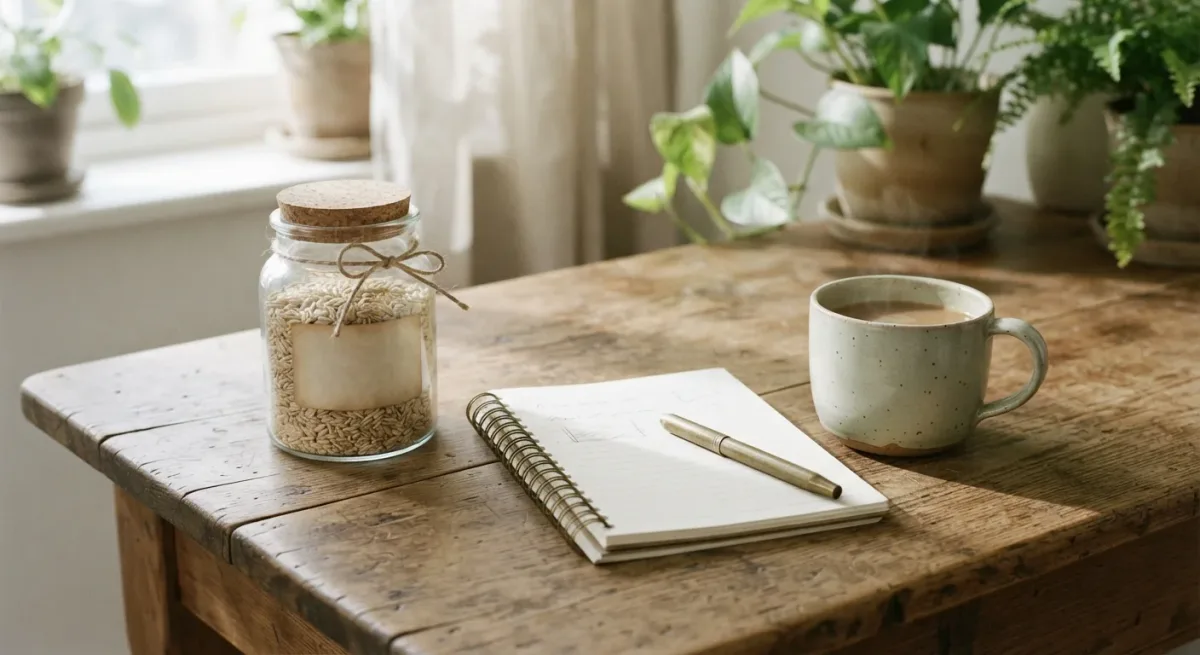 Opened spiral notebook and labeled jar on wooden kitchen table in morning light