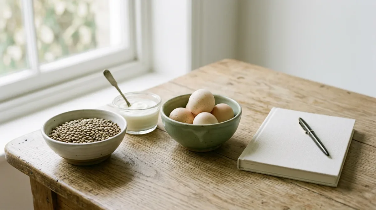 Lentils, yogurt, and eggs on a kitchen table