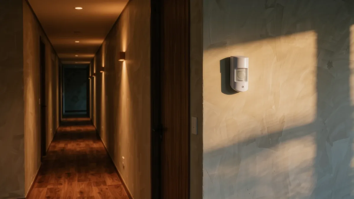 Warm automated hallway lighting with sensor on wall