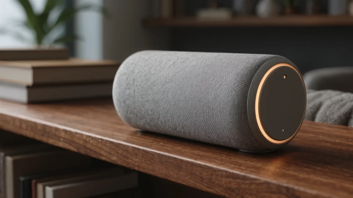 Smart speaker with mic-mute button glowing on shelf