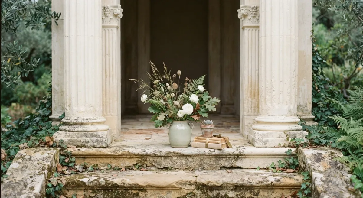 Neoclassical stone columns and steps in even daylight