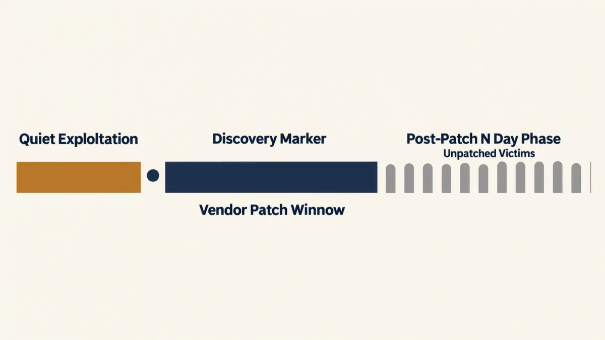 Timeline diagram of zero-day discovery, exploitation, and patch