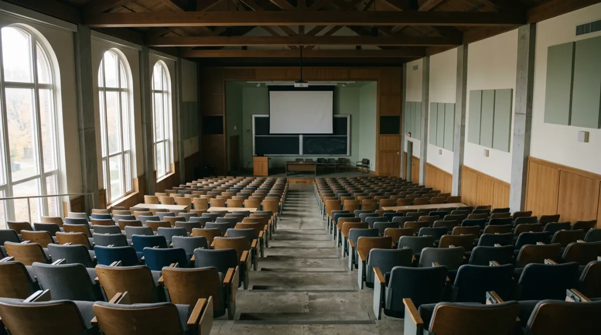 Empty college lecture hall in neutral daylight