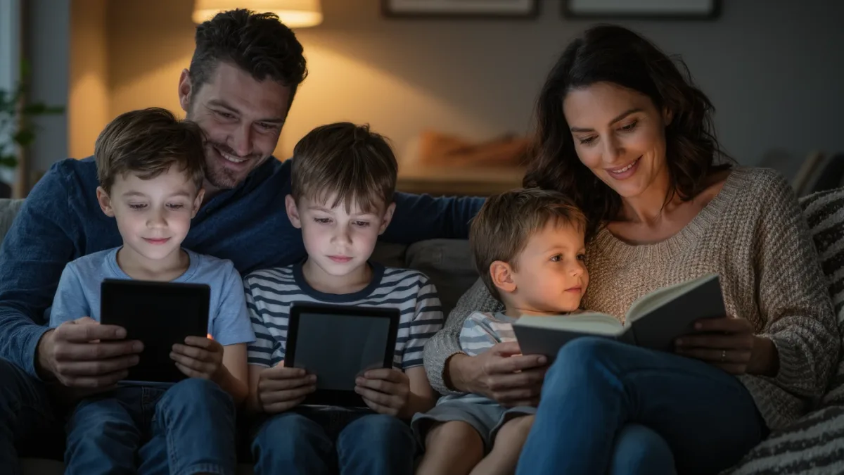 Family of four reading together on a sofa, two with e-readers