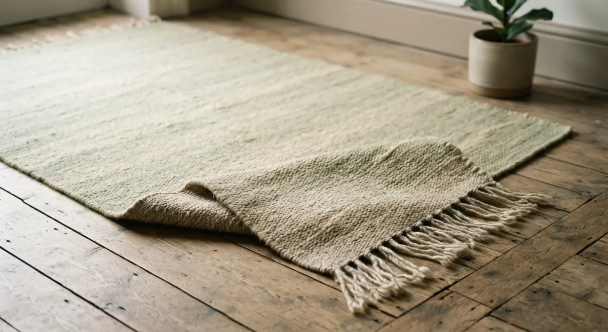 Folded rug corner showing its woven reverse side