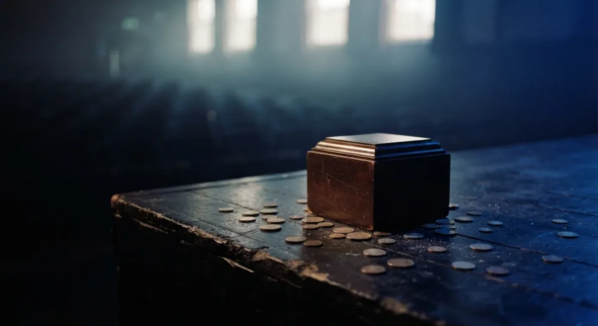Trophy plinth and scattered coins under stage lights