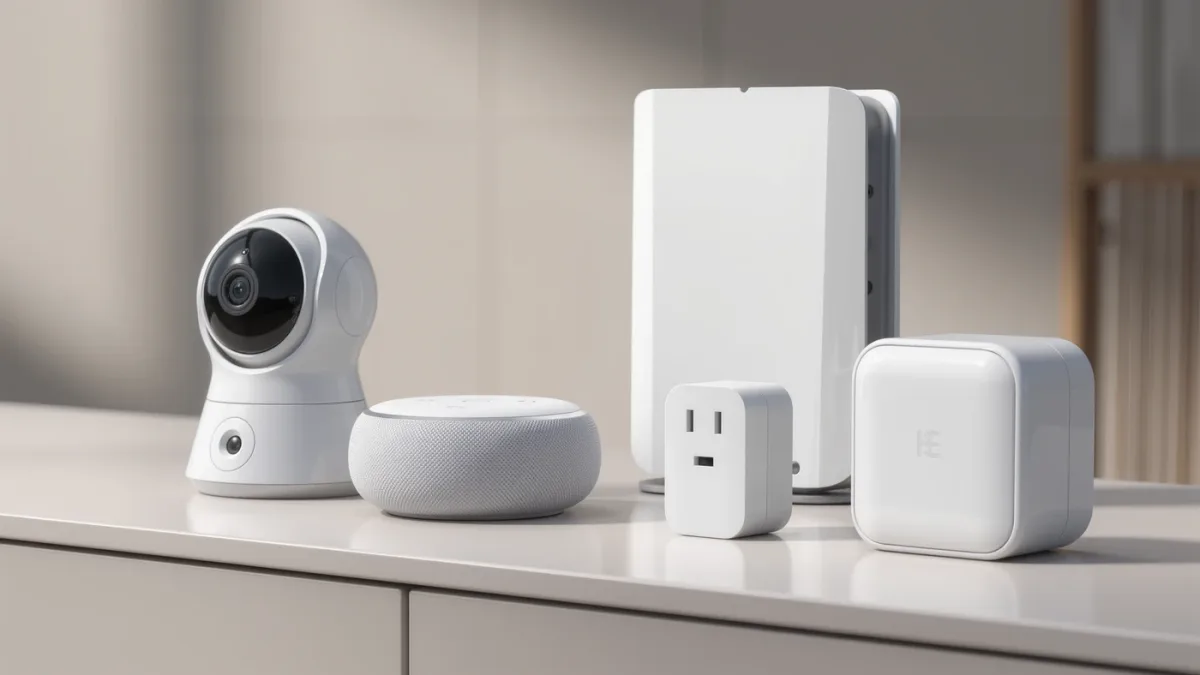 Smart speakers and cameras arranged on a shelf beside a router