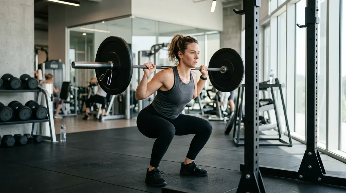 A lifter mid-set on a barbell back squat, showing controlled effort, with a gauge motif suggesting reps left in reserve.