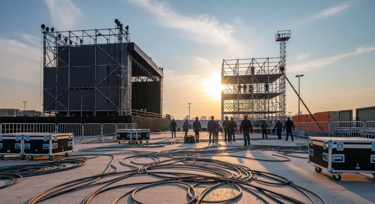 Crew setting up an outdoor event stage in Riyadh