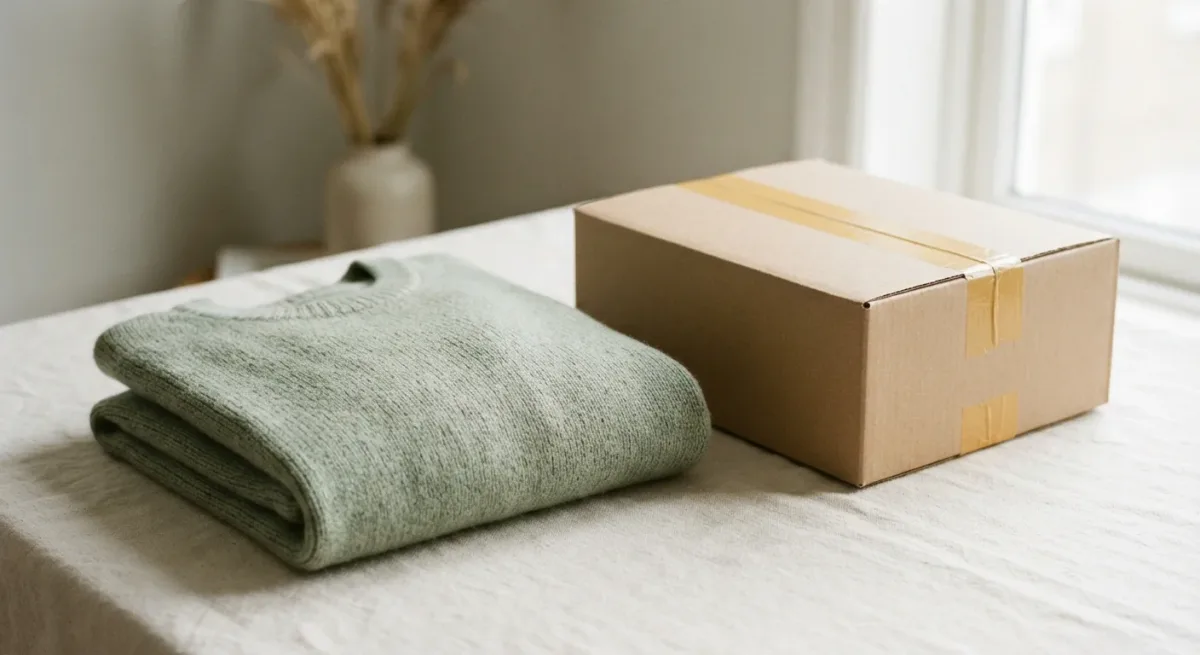 Folded garment beside a plain shipping box and tape