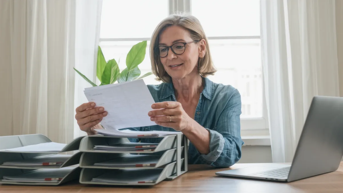 Woman sorting email newsletters into labeled folders at a desk