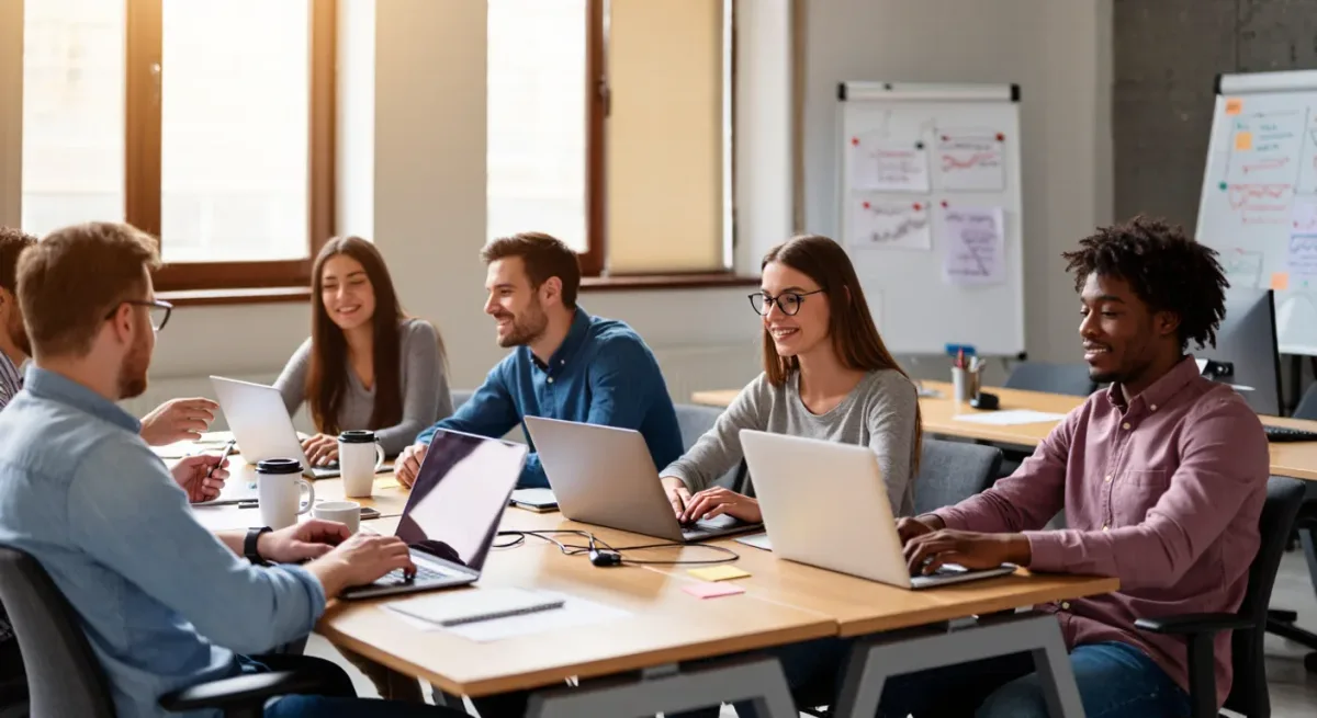 Startup team working at desks in a shared office