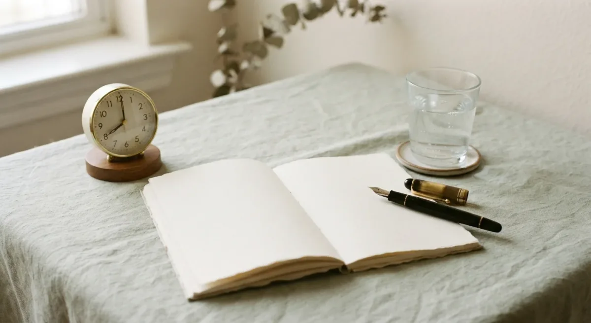 Wavy glass of water and open notebook beside a small clock on a pale desk