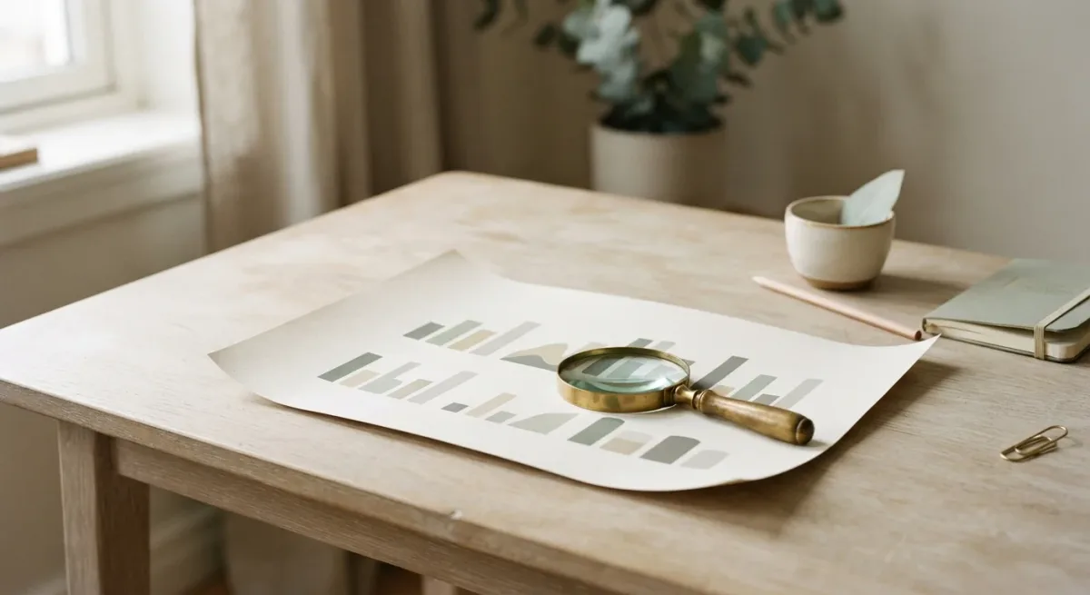 Printed bar chart under a magnifying glass on desk