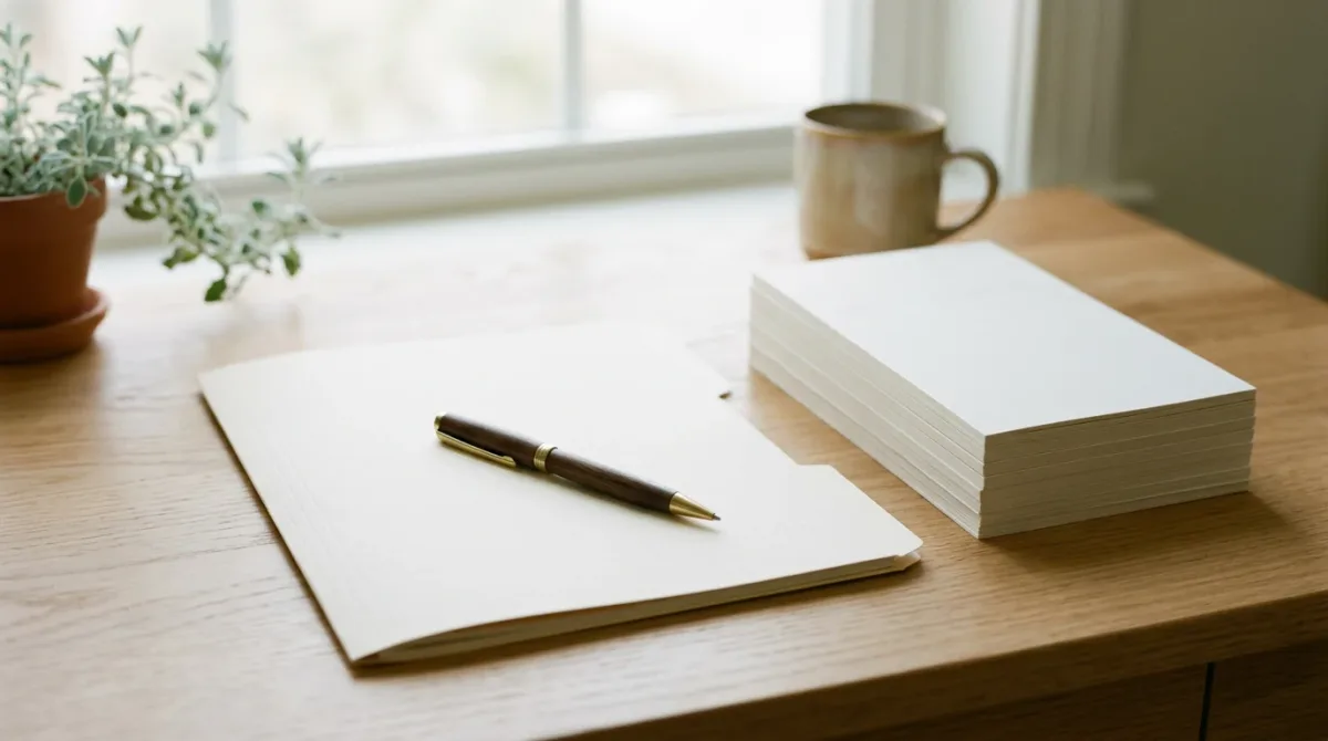 Closed folder and pen on a desk beside stacked invoices