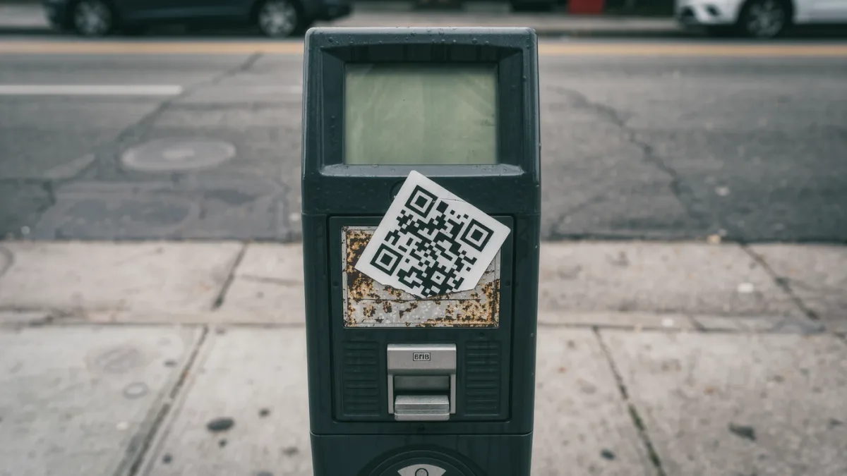 Parking meter with a suspicious sticker placed over its QR code