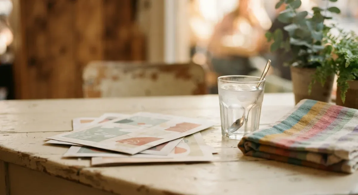Printed flyers and rainbow fabric as abstract colour on sunlit table