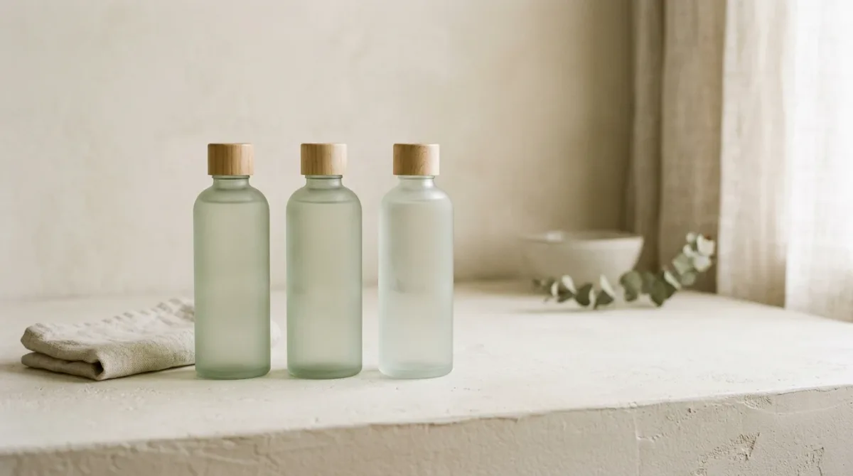 Skincare bottles in a row with one empty slot