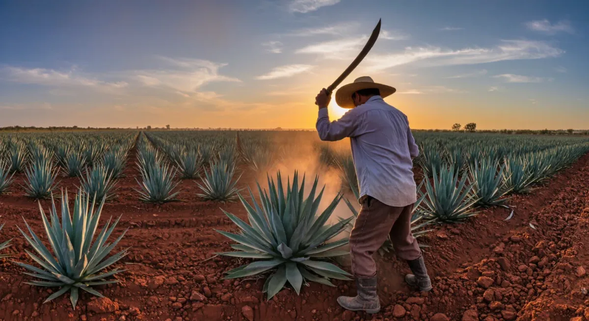 Jimador trimming blue agave in a Jalisco field