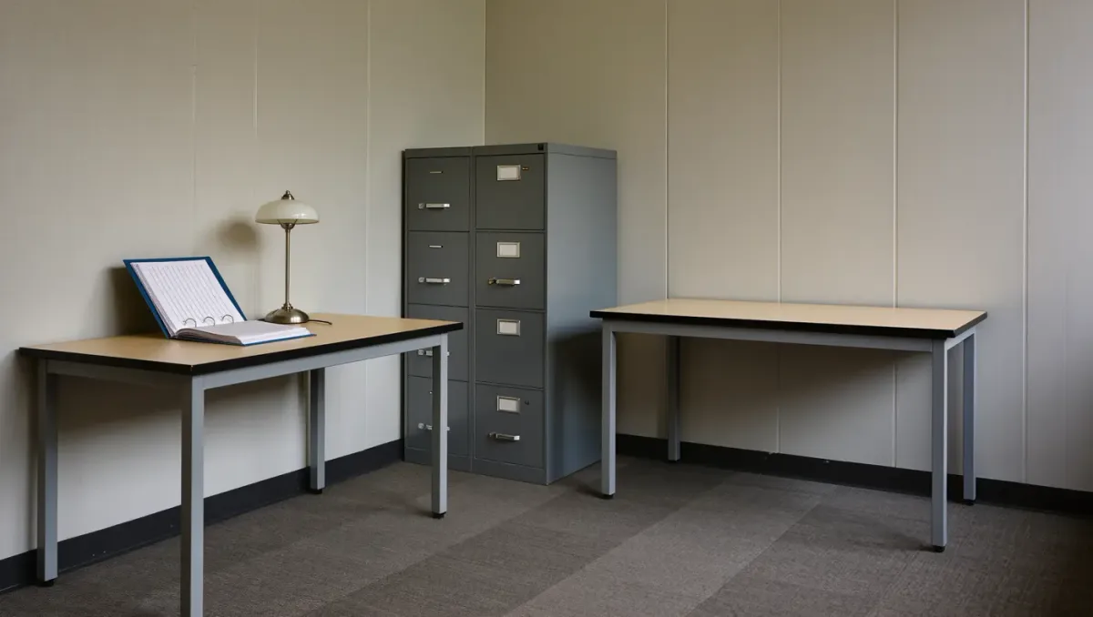 Filing cabinet and open ledger on an office desk