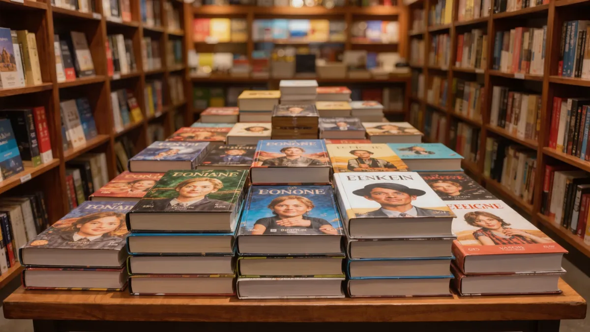 Bookstore shelf display of boxed trilogy sets without people