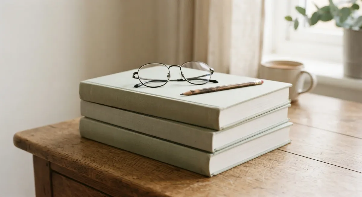 Stacked statistical annual reports on a desk beside reading glasses